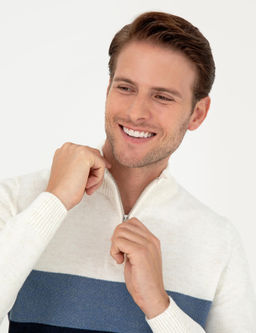 Lacivert Slim Fit Fermuarl_ Dik Yaka Triko Kazak
