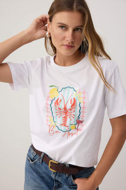 Ekru Bask_l_ Regular Bisiklet Yaka Standart Kol K_sa %100 Pamuk _rme T-Shirt TWOSS26TS00352