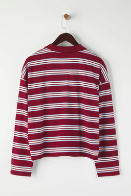 Bordo Cizgili Polo Yaka Oversize/Genis Kal?p Orme T-Shirt TWOAW26TS00020