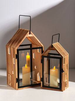Подсвечник дерево "Дом с панорамным окном" набор 2 шт 10х15х28,5 15х20х36 см