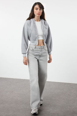 Gri Melanj Regular/Normal Kal?p Kapusonlu Kal?n ici Polarl? Orme Sweatshirt TWOAW25SW00068