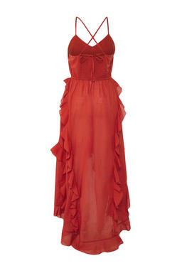 Trendyolmilla Kiremit Midi Dokuma Volanl? 100% Pamuk Plaj Elbise TBESS25EL00055  фото 6