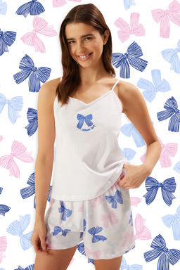 Trendyolmilla Beyaz %100 Pamuklu Kurdele/Fiyonklu Sortlu Orme Pijama Tak?m? THMSS25PT00274