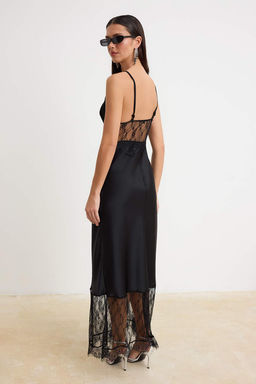 Siyah Dantel Detayl? Saten Maxi S?k ElbiseTPRSS26EL00261 - Trendyolmilla фото 4