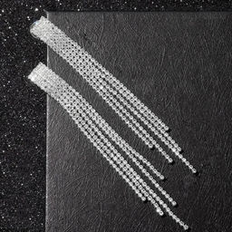 Серьги висячие со стразами Водопад на прямоугольнике, цвет белый в серебре, 9см - Queen fair фото 2