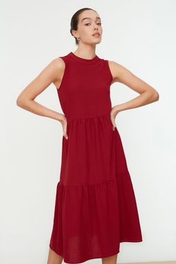 Bordo Shift/Duz Kesim Dik Yaka Midi Dokuma Elbise TWOSS20EL1864