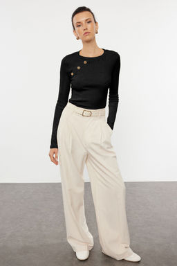 Siyah Duz Fitted/Vucuda Oturan Reglan Kol C?tc?t Detayl? Esnek Orme Bluz TWOAW25BZ00017