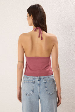 Trendyolmilla Gul Kurusu Crop Pamuklu Boyundan Baglamal? Triko Ince Bluz TWOSS25BZ00361