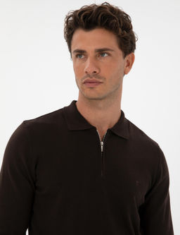 Koyu Kahverengi Slim Fit Polo Yaka Fermuarl_ Basic Triko Kazak - Pierre cardin фото 2