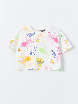 Bisiklet Yaka Minnie Mouse Bask?l? K?sa Kollu K?z ?ocuk Crop Ti??rt