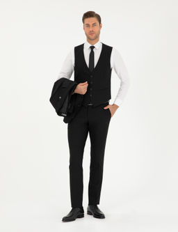 Siyah Slim Fit Yelekli Tak_m Elbise