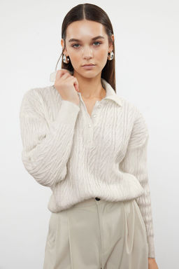 Ekru Genis Kal?p Yumusak Dokulu Triko Kazak TWOAW21KZ2635