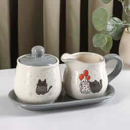 Набор сервировочный Доляна Уютные коты, 2 предмета: молочник 270 мл, сахарница 310 мл, белый, серый