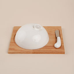 Маслёнка SL Home «Тренто», 22×17.5 см, на деревянной подставке, с ножом для масла, фарфор, белая