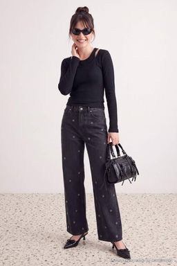 Siyah Ta_l_ Puantiye Desenli Y_ksek Bel Wide Leg Jeans TWOAW27JE00129