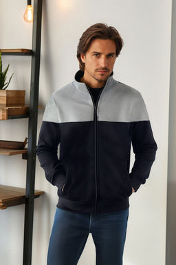 TRENDYOL MAN Lacivert-Gri Melanj Regular Fit Uzun Kollu Dik Yaka Fermuarl? Sweatshirt TMNAW22SW0720
