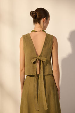 Trendyolmilla Haki %100 Keten Baglama Detayl? Bluz TWOSS25BZ00472