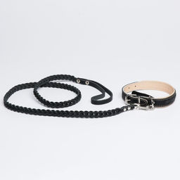 Комплект ошейник (34-45х2 см) и поводок (120х0.8 см) с косой, чёрный с бежевым - Пушистое счастье фото 4
