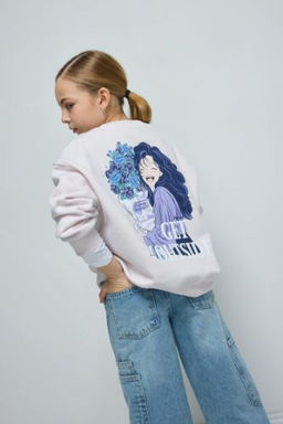 K?z Cocuk Oversize Genis Kal?p Bisiklet Yaka S?rt Bask?l? Ici Yumusak Tuylu Sweatshirt