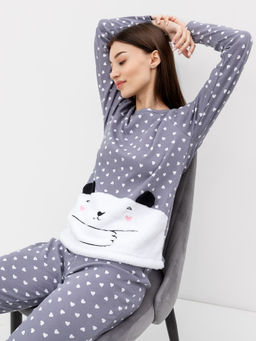 Хлопковый комплект с меховой мордочкой (джемпер и брюки) серого цвета в сердечко