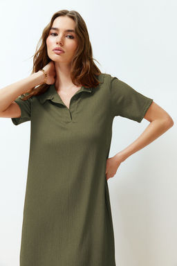 Haki Polo Yaka K?sa Kol Midi Burumcuk/Dokulu Orme Elbise TWOSS24EL00478