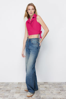 Pembe Baglamal? Keten Gorunumlu Crop Dokuma Bluz TWOSS23BZ00550