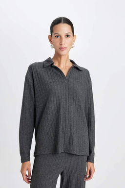 Женская антрацитовая повседневная футболка с воротником поло в рубчик и длинными рукавами