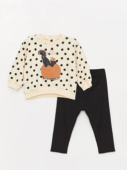 Bisiklet Yaka Uzun Kollu Bask?l? K?z Bebek Sweatshirt ve Tayt 2li Tak?m