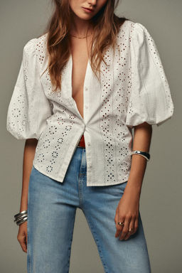 SHIRT WITH CUTWORK EMBROIDERY AND PUFF SLEEVES - Zara фото 3