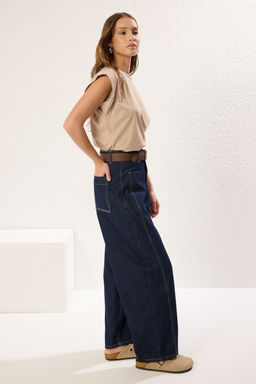 TRENDYOLMILLA Koyu Mavi Kahverengi Kemerli Dikis Detayl? Yuksek Bel Barrel Balon Jeans TWOSS25JE00182  фото 2