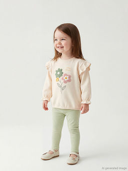 ?i?ekli Yumu?ak Dokulu K?z Bebek Sweatshirt ve Tayt