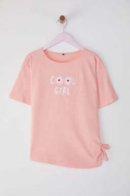 Ekru K?z Cocuk %100 Pamuk Kalp Bask?l? K?sa Kol Orme T-Shirt TKDSS25TS00062