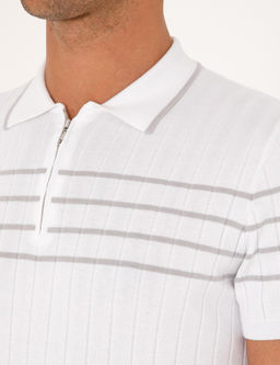 Beyaz Slim Fit %100 Pamuk Fermuarl_ Polo Yaka Triko T-shirt