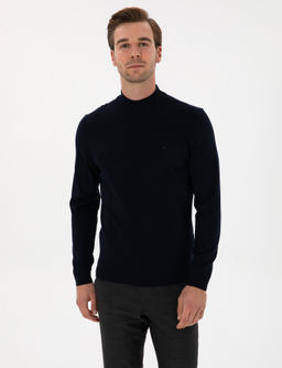 Lacivert Slim Fit Y_n Kar___ml_ Yar_m Bal_k__ Basic Triko Kazak