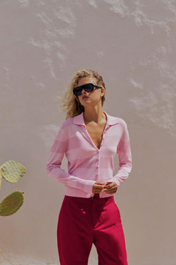 CHAQUETA PUNTO RAYAS / Rosa lavado