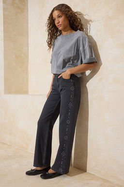 Siyah Yuksek Bel Tasl? Genis Paca Wide Leg Jeans TWOSS26JE00073