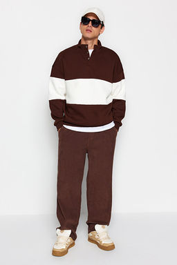 Kahverengi Oversize/Geni_ Kesim __t__tl_ Yaka Renk __i Polar/S_cak Tutan Sweatshirt TMNAW24SW00160