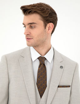 Bej Extra Slim Fit Yelekli Tak_m Elbise