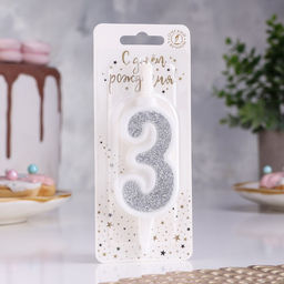 Свеча в торт с блестками «Цифра 3», серебряная, 10.4 см