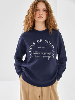 Bisiklet Yaka Bask?l? Kad?n Sweatshirt