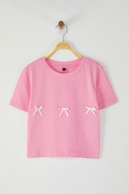 TRENDYOLMILLA Pembe Fiyonk Detayl? Crop K?sa Kollu Orme T-Shirt TWOSS24TS00248 фото 16