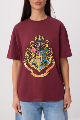 Bordo Harry Potter Lisansl? Oversize/Genis Kal?p Tok %100 Pamuk Orme T-Shirt TWOSS26TS00141