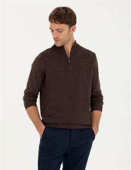 Kahverengi Slim Fit Fermuarl_ Dik Yaka Triko Kazak