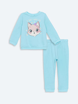 Bisiklet Yaka Bask?l? K?z Bebek Sweatshirt ve E?ofman Alt 2li Tak?m