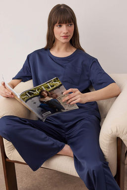 Lacivert Mat Saten Dokuma Pijama Tak?m? THMAW26PT00032