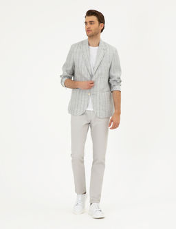 Gri Slim Fit %100 Keten _izgili Ceket