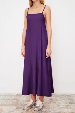 Mor Ayarlanabilir Ask?l? Kare Yaka A-Line Burumcuk/Dokulu Orme Maxi Elbise TWOSS24EL00060