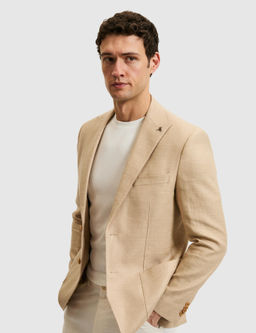 Bej Slim Fit Y_n Keten Kar___ml_ Mikro Desen K_rlang__ Yaka Ceket