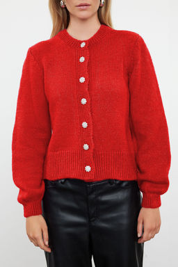 Nar Cicegi Yumusak Dokulu Mucevher Dugmeli Ceket Gorunumlu Triko H?rka TWOAW21HI0034