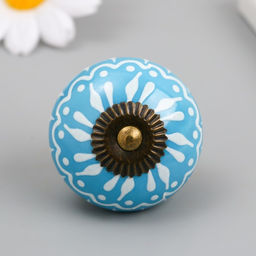 Ручка для шкатулки керамика, металл «Белый узор на голубом», 4.1×4.1×6 см